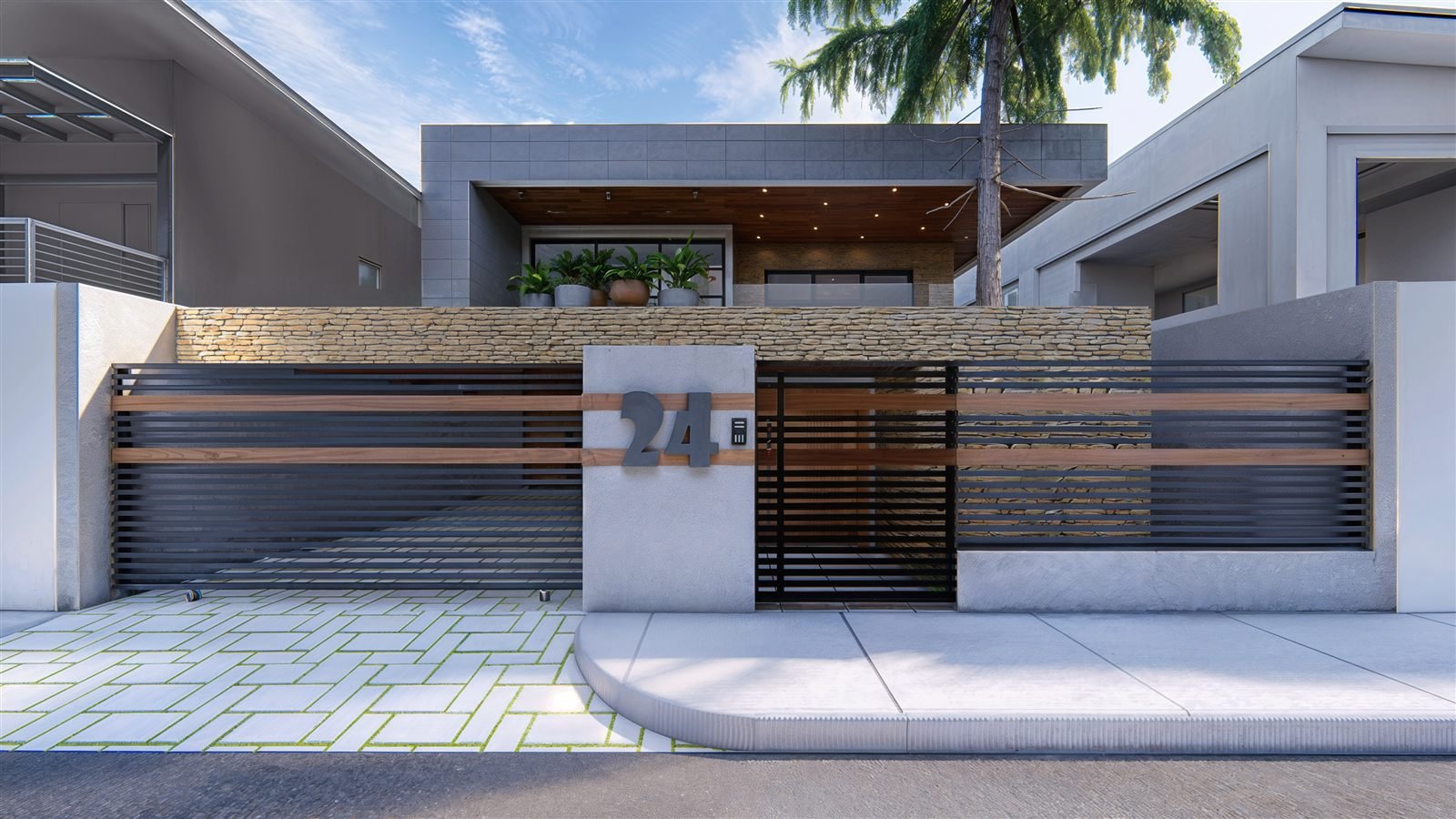 Casa #24 — render, ángulo 2, día